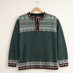 L.L. Bean Fair Isle Cotton Sweater Pullover with Pewter Buttons